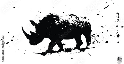 Dramatic Vector Rhino Silhouette: Ink Splatter Style Artwork