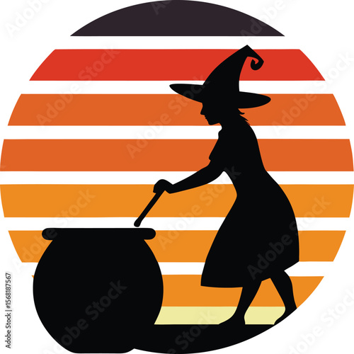 Witch stirring cauldron silhouette on retro vintage striped sunset