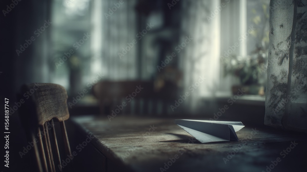 Obraz premium Paper airplane on rustic wooden table, interior scene