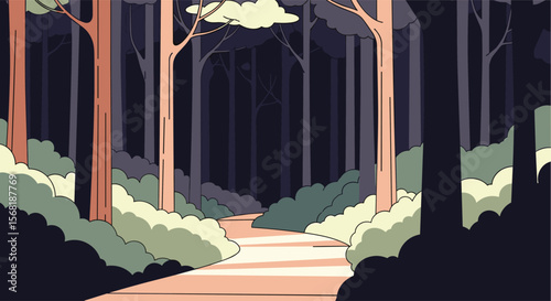 Beautiful nature path through a dense forest with tall trees and green bushes in soft sunlight