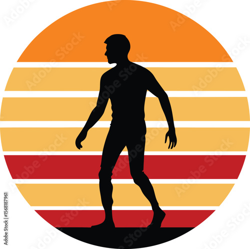 Zombie walking in fog silhouette on retro vintage striped sunset