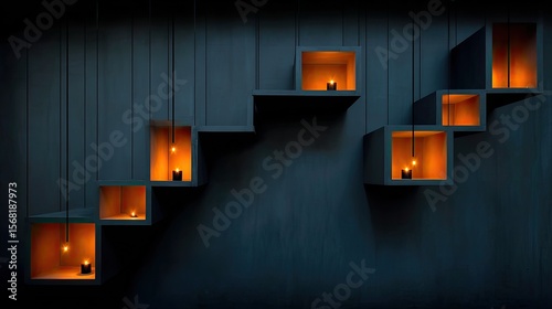Dark wall, stepped shelves, glowing candles