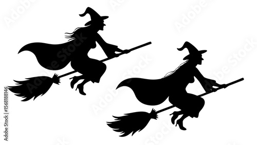 Set Of Flying Witch Silhouettes on Broomsticks