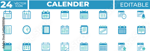 Calendar vector icon set. Containing calendar, date, schedule, event, deadline, appointment, planner, agenda, time, clock, reminder, day, month, year and  more. Solid vector icons collection.