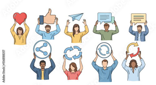 People Holding Up Icons Representing Social Media Communication and Online Connectivity Together