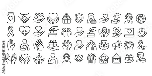 Charity & Social Care Line Icons – 40 Minimal Symbols of Giving and Community Support