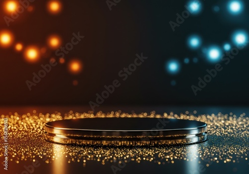 A sleek black podium with a golden rim and shimmering bokeh effect in the background