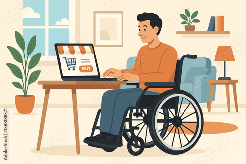 Man in Wheelchair Using Laptop for Online Shopping in Modern Living Room – Inclusive Vector Illustration