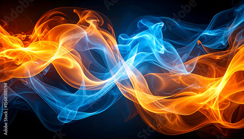 Flames swirl in vibrant blue and orange hues, creating mesmerizing contrast with soft haze effect, evoking sense of dynamic energy