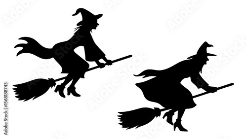 Set Of Flying Witch Silhouettes on Broomsticks