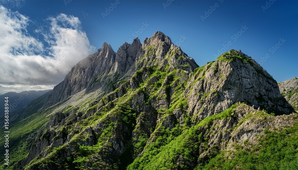 Obraz premium lush green vegetation covers the peaks of a rugged mountain formation characterized by dramatic cliffs and rocky surfaces