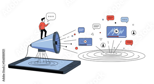 Digital Marketing Strategy and Promotion of Online Business Growth Through Smartphone and Megaphone Illustration