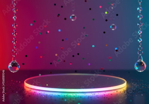 A vibrant stage with glowing lights, confetti, and crystal decorations.