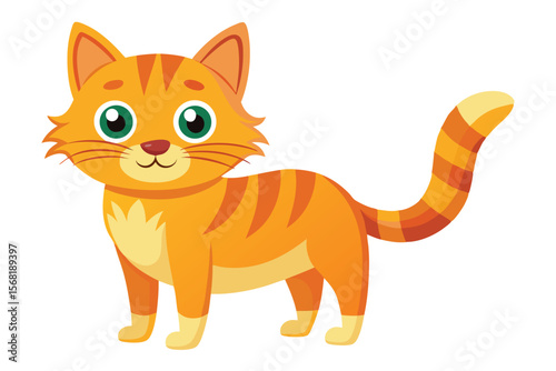 Cartoon Orange Tabby Cat with Green Eyes Standing, Striped Tail Curled Upward, Front View