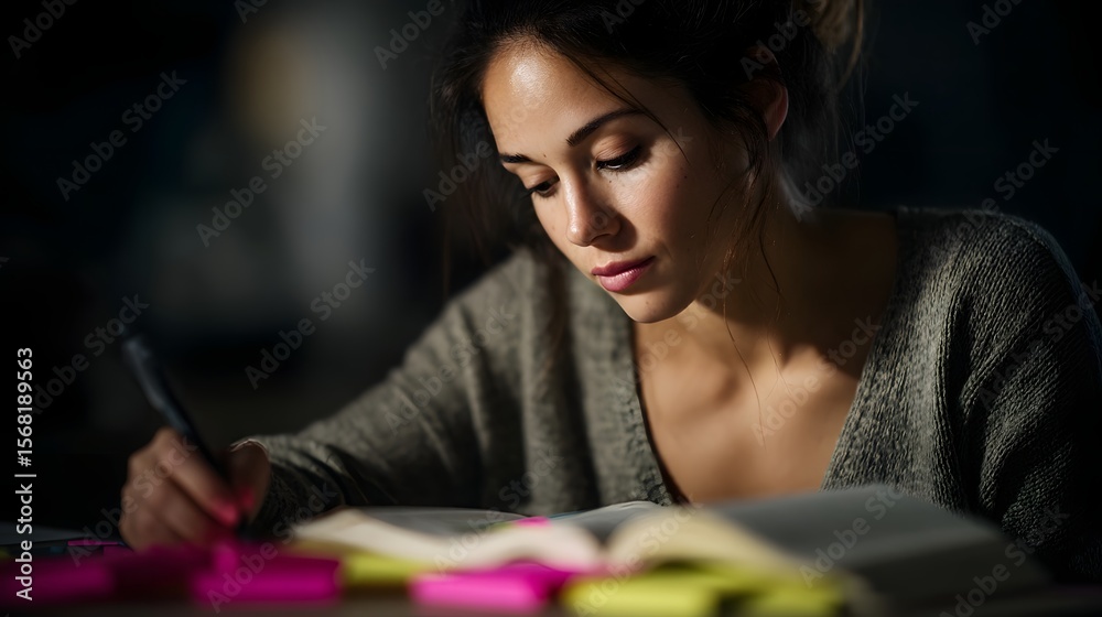 Fototapeta premium Woman intently studying from textbook with highlighters and sticky notes