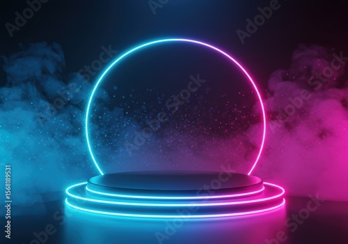 Abstract neon stage with a glowing circle and colorful vapor backdrop.