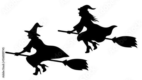 Set Of Flying Witch Silhouettes on Broomsticks