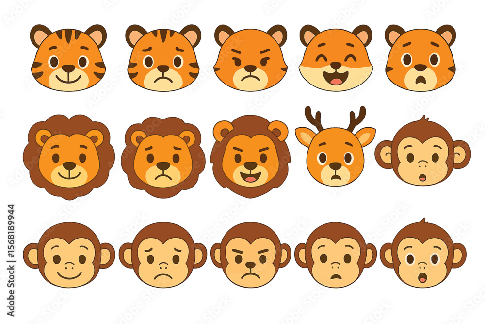 Cartoon Animal Faces Displaying Various Emotions Including Happiness Sadness Anger and Surprise Cartoon Animal Faces Displaying Various Emotions Including Happiness Sadness Anger and Surprise