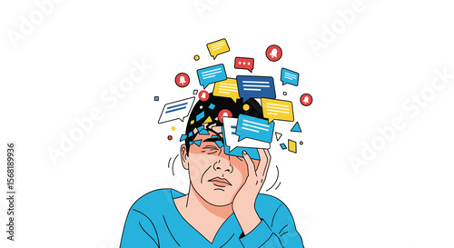Overwhelmed Person With Social Media Messages Affecting Mental Health