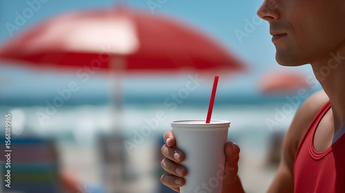 Young man enjoying a refreshing beverage with a red straw while relaxing on a sunny beach under a vibrant umbrella, capturing the essence of summer leisure and relaxation