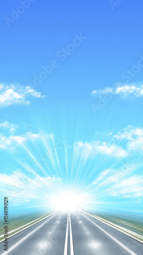 Bright road stretches into radiant horizon under clear blue sky, inspiring positive thoughts and endless possibilities