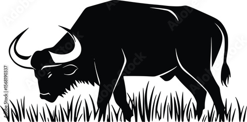 Vector illustration: Majestic bull silhouette grazing in a field