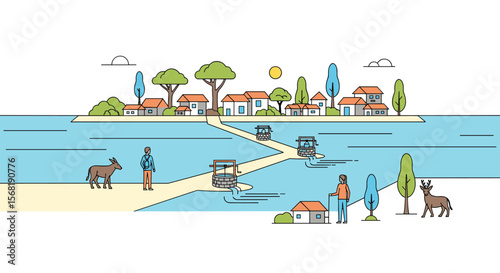 Illustrative scene depicting rural Indian life with homes roads and animals in a peaceful setting