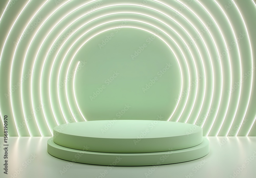 Obraz premium Photo of minimalist green pedestal illuminated by glowing rings of light in a modern design