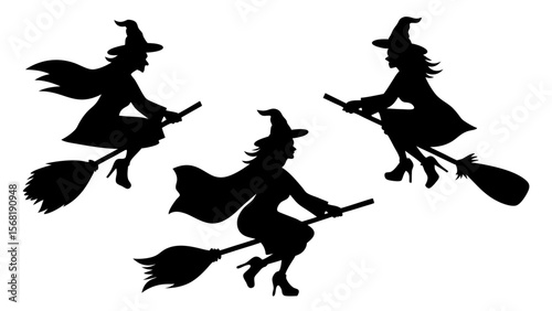 Set Of Flying Witch Silhouettes on Broomsticks