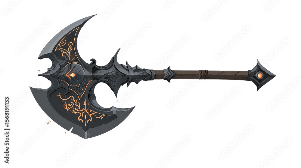 Fototapeta premium Isolated fantasy battle axe with ornate patterns and wooden handle on transparent background. 