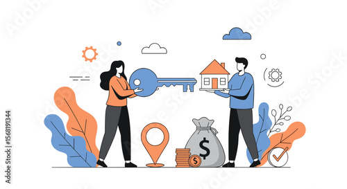 Real estate deal closing with property handover and financial transactions PNG Transparent Background Isolated