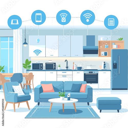 Cozy Blue Themed Living Room with Smart Home Integration Featuring Modern Furniture and Appliances in a Connected Environment