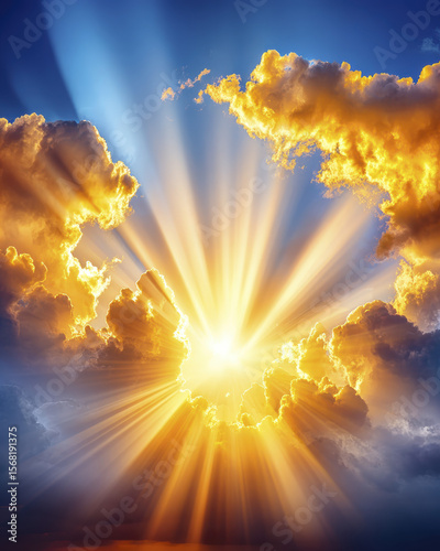 Stunning sunrise with golden rays breaking through dramatic clouds inspires positive thoughts