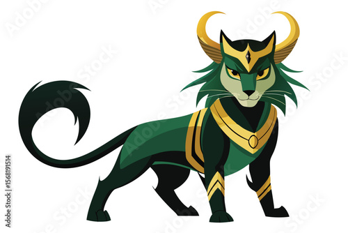 Stylized Cartoon Feline with Antlers and Gold Accents Standing on a White Background