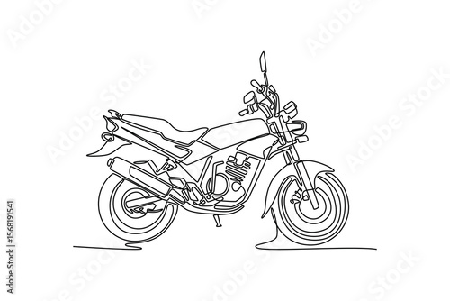 Continuous one line drawing side view of classic motorbike on white background. Asian urban citizen motorcycle for daily routine activity, delivery. Single line draw design vector graphic illustration