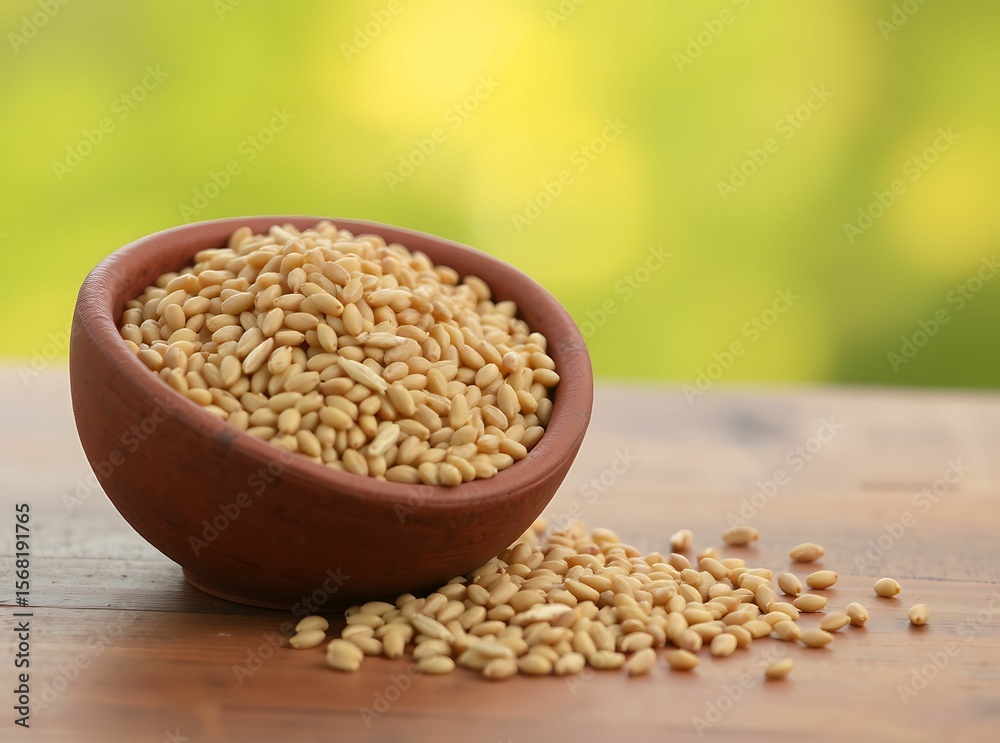Golden Grains in Ceramic Bowl: A rustic ceramic bowl overflowing with golden grains, capturing the essence of nourishment and natural abundance, placed on a wooden surface. Golden Grains in Ceramic Bowl: A rustic ceramic bowl overflowing with golden grains, capturing the essence of nourishment and natural abundance, placed on a wooden surface.