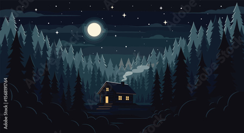 Enchanting Pixel Art Cabin Nestled Deep Within a Mystical Forest Under a Starry Moonlit Night