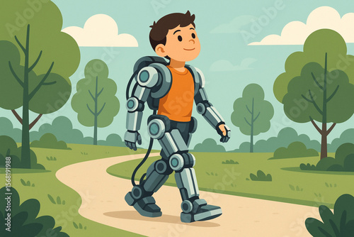Young Boy Walking with Robotic Exoskeleton in Park – Futuristic Vector Illustration