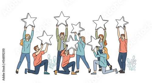 People Holding Up Stars Together Celebrating Success and Achievement Illustrating Teamwork and Positive Feedback