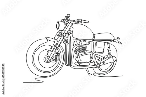 Single continuous line drawing custom bobber motorbike standing in an authentic creative workshop. Vintage style motorcycle in modern citizen garage. One line draw graphic design vector illustration