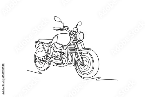 Single continuous line drawing custom bobber motorbike parked in workshop garage. Old classic motorcycle featuring beautifully crafted chrome element. One line draw graphic design vector illustration