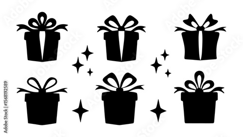  Gift boxes with ribbon icons Set. Gift box flat silhouette set.