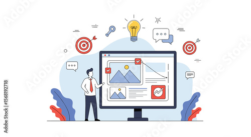 Business Development Strategy Planning Meeting and Project Management Workflow Illustration