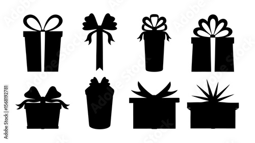  Gift boxes with ribbon icons Set. Gift box flat silhouette set.