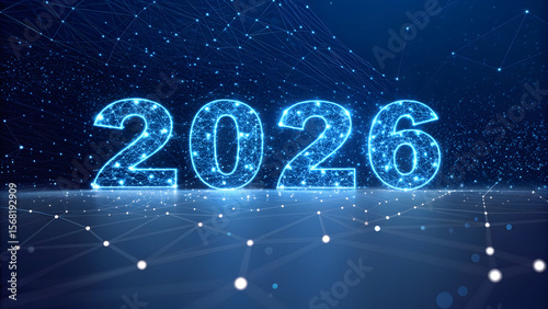 Futuristic glowing blue numbers 2026 in a digital network pattern.