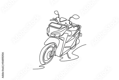 Single one line drawing motor scooter moped in outdoor city street. Mobility on two wheels motorcycle in modern urban citizen lifestyle. Modern continuous line draw design graphic vector illustration