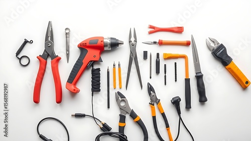 Top-down view of organized electrical tools on white background