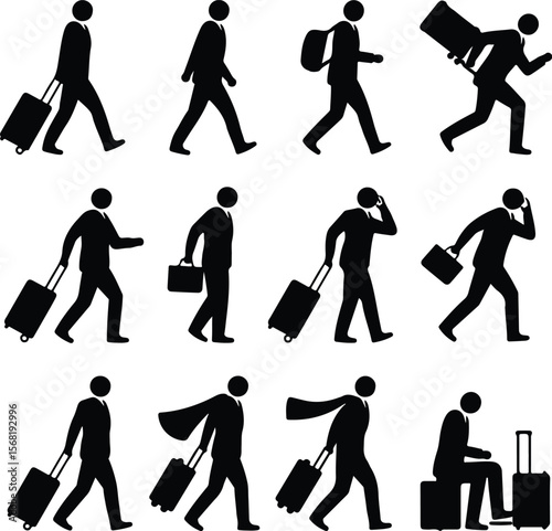 Traveler with Luggage Silhouettes – Modern Vector Icons for Trips Man Pulling Suitcase Silhouette Set – Travel & Tourism Icon Pack