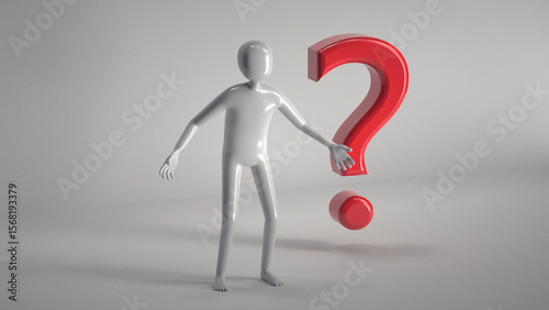 3D rendered figure stands beside large red question mark, symbolizing curiosity and inquiry in minimalist design with neutral background, emphasizing concept of seeking answers or solutions.