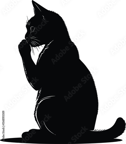 Elegant black cat vector silhouette: grooming, pensive mood, isolated.